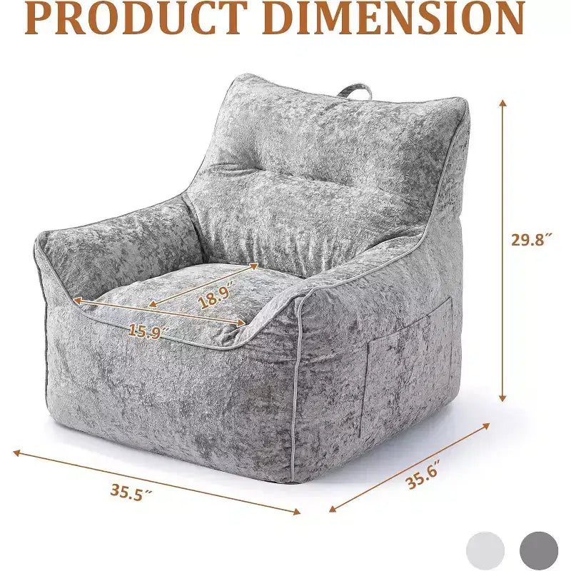 Gray/White Chenille Bean Bag Lounge Chair with Back Support, Single Seat, for Adults & Kids