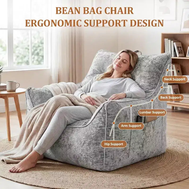 Gray/White Chenille Bean Bag Lounge Chair with Back Support, Single Seat, for Adults & Kids