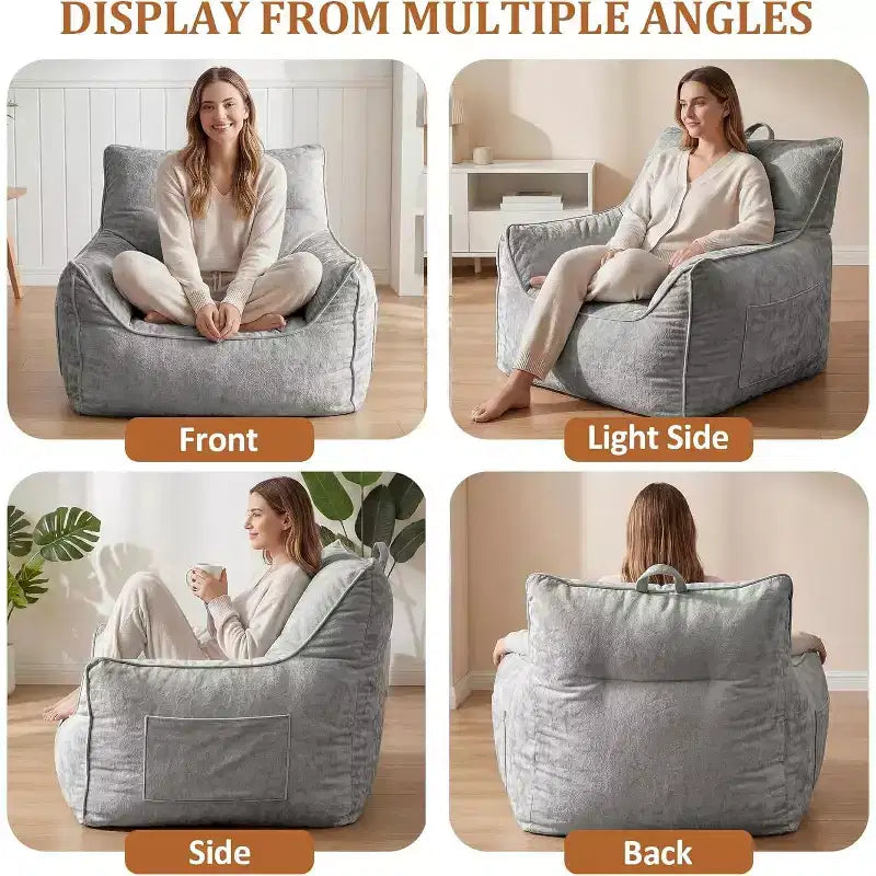 Gray/White Chenille Bean Bag Lounge Chair with Back Support, Single Seat, for Adults & Kids