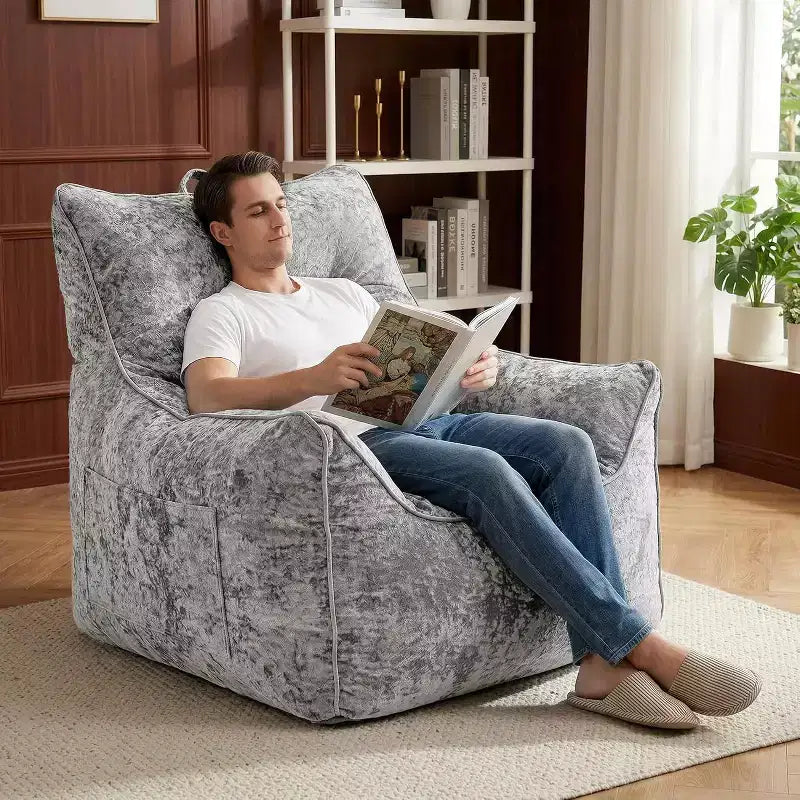 Gray/White Chenille Bean Bag Lounge Chair with Back Support, Single Seat, for Adults & Kids