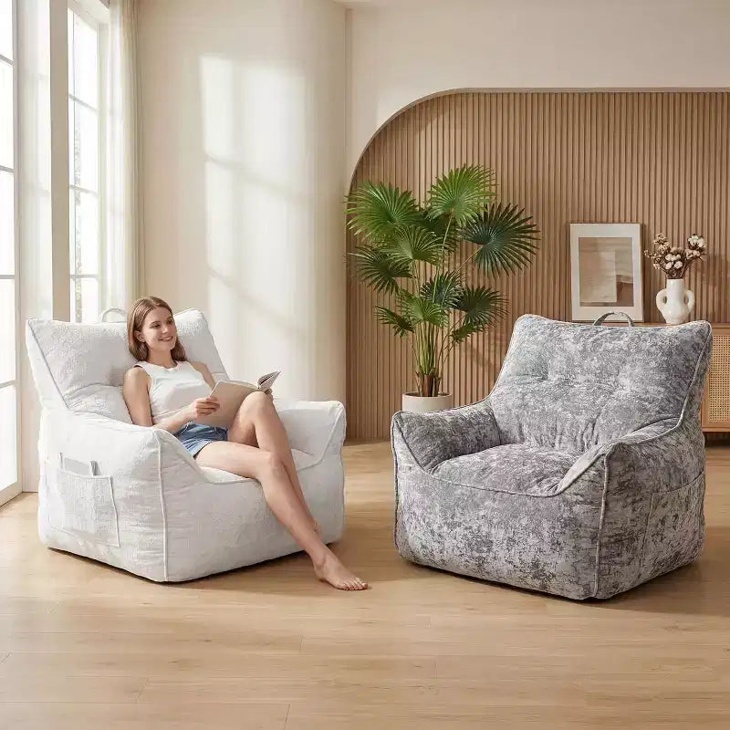Gray/White Chenille Bean Bag Lounge Chair with Back Support, Single Seat, for Adults & Kids