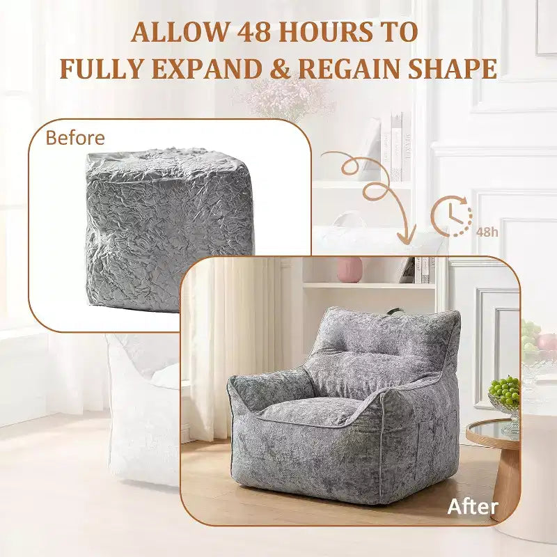 Gray/White Chenille Bean Bag Lounge Chair with Back Support, Single Seat, for Adults & Kids