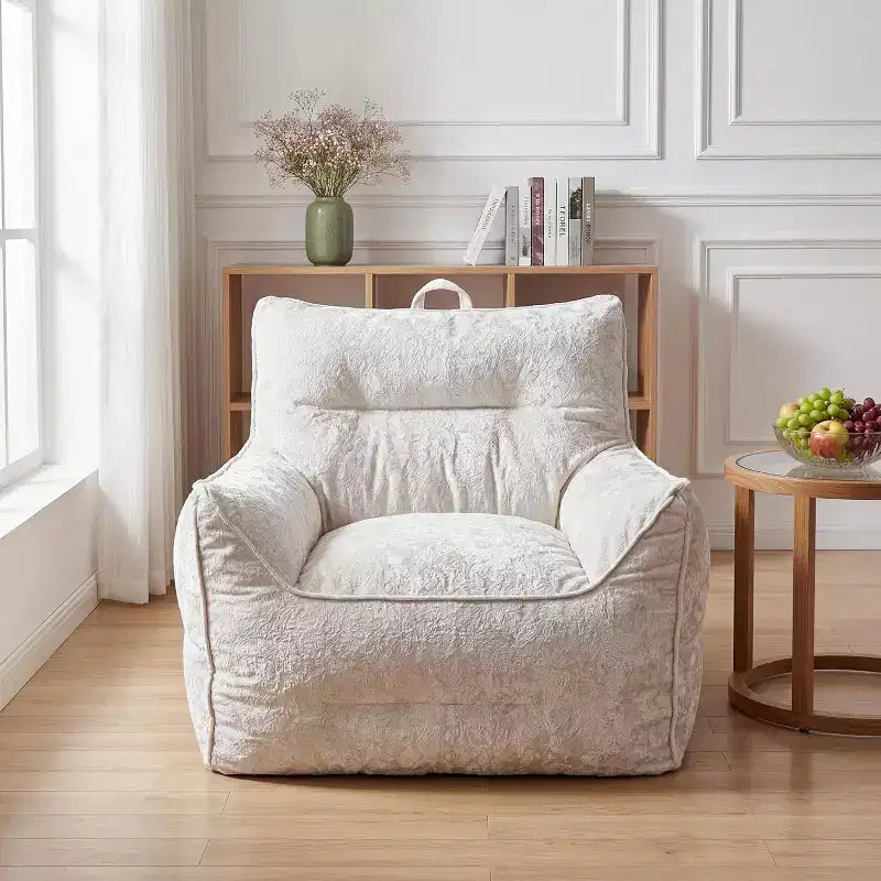 Gray/White Chenille Bean Bag Lounge Chair with Back Support, Single Seat, for Adults & Kids