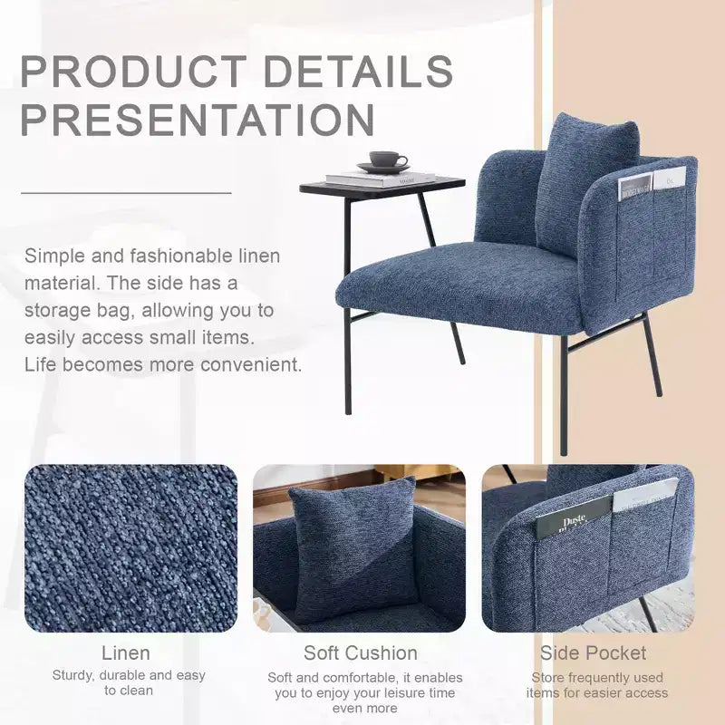 Chenille Upholstered Accent Chair with Side Table, Single Seat, Multiple Colors
