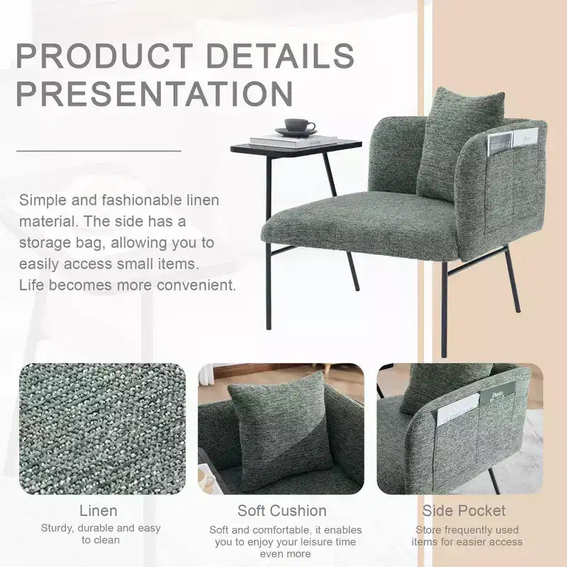Chenille Upholstered Accent Chair with Side Table, Single Seat, Multiple Colors