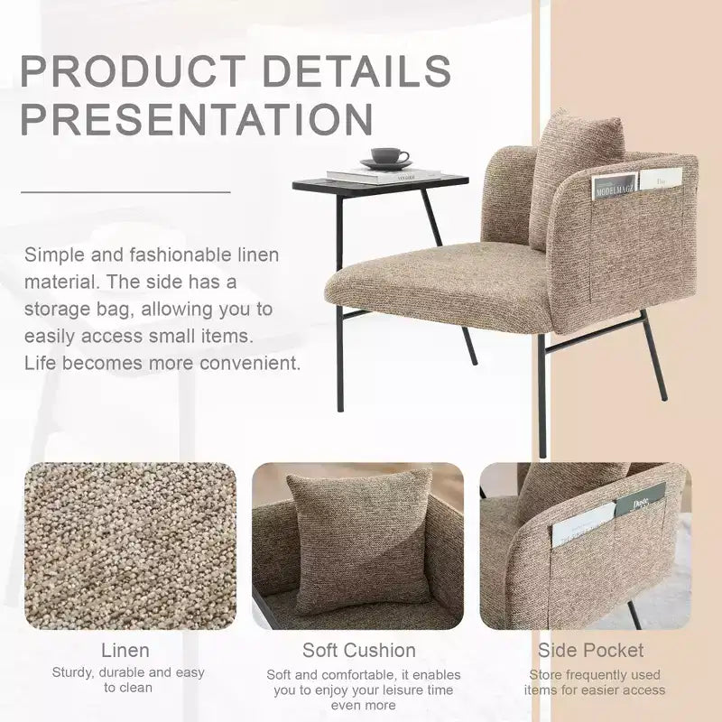 Chenille Upholstered Accent Chair with Side Table, Single Seat, Multiple Colors