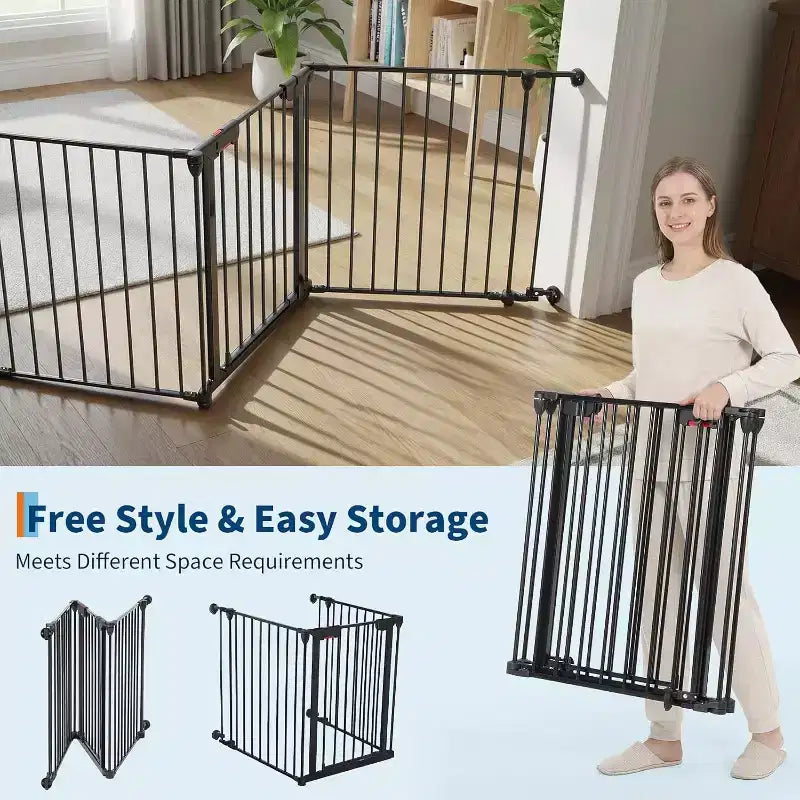 Black/White Adjustable Metal Pet Gate with Door, 3–8 Panels, Freestanding