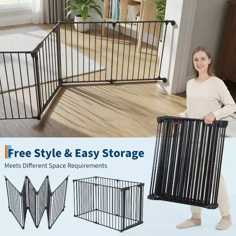 Black/White Adjustable Metal Pet Gate with Door, 3–8 Panels, Freestanding