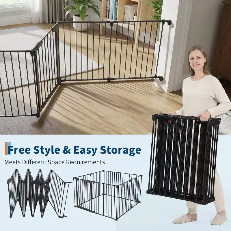 Black/White Adjustable Metal Pet Gate with Door, 3–8 Panels, Freestanding