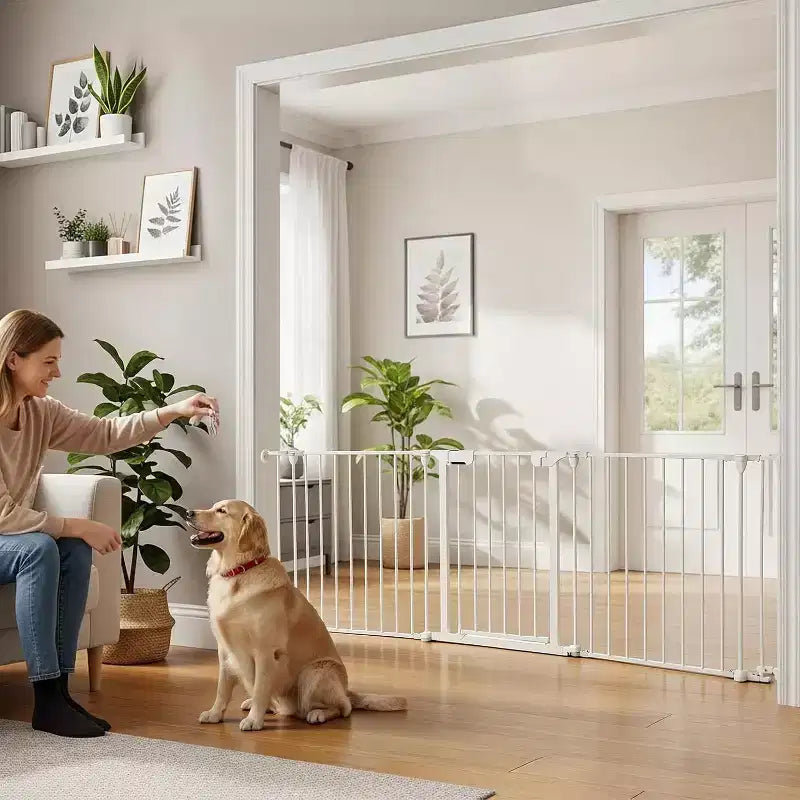 Black/White Adjustable Metal Pet Gate with Door, 3–8 Panels, Freestanding