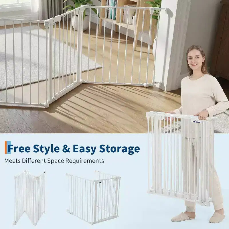Black/White Adjustable Metal Pet Gate with Door, 3–8 Panels, Freestanding