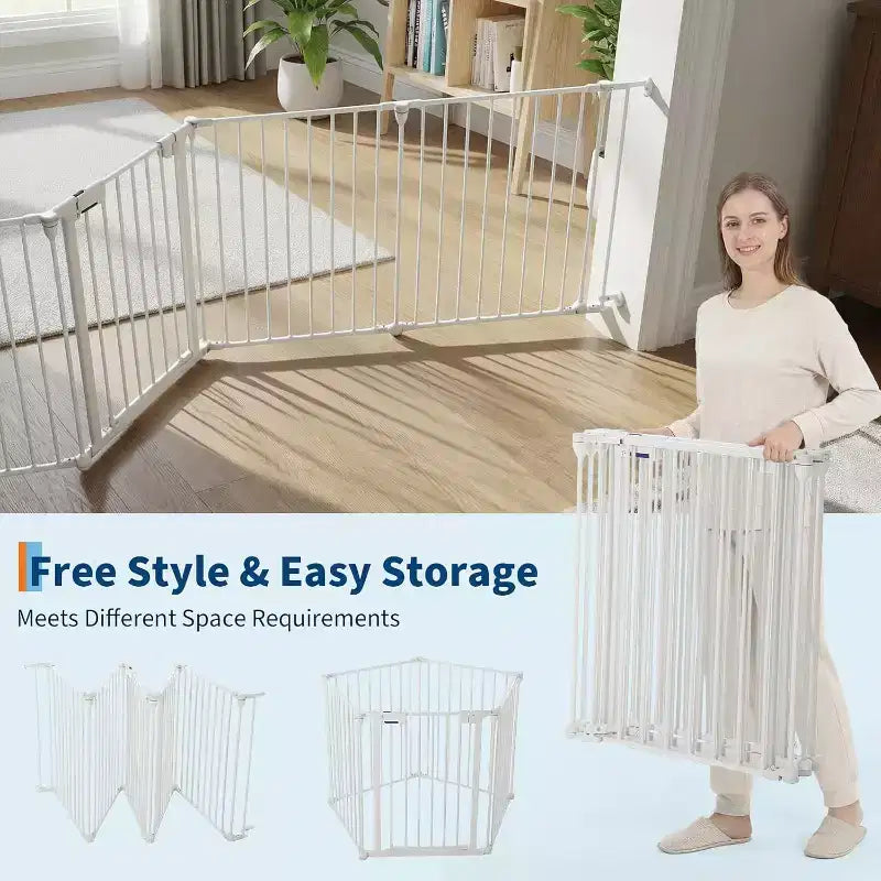 Black/White Adjustable Metal Pet Gate with Door, 3–8 Panels, Freestanding