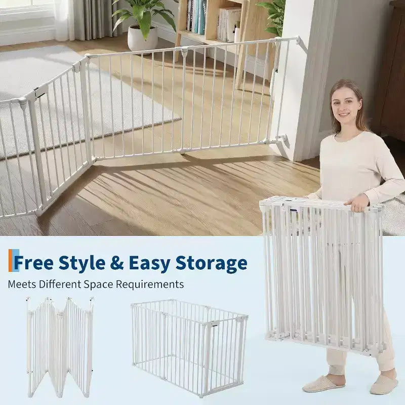 Black/White Adjustable Metal Pet Gate with Door, 3–8 Panels, Freestanding