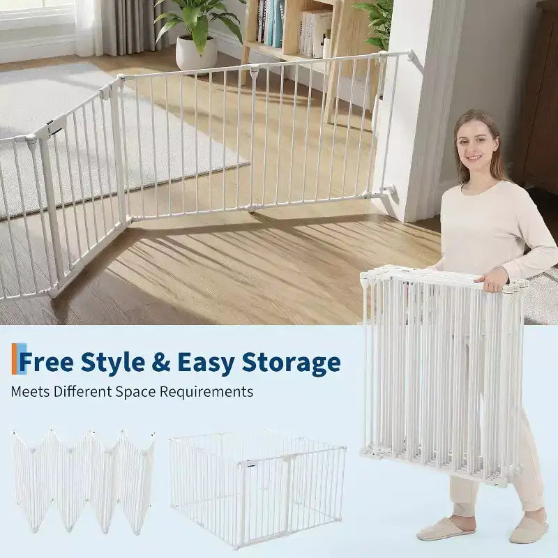 Black/White Adjustable Metal Pet Gate with Door, 3–8 Panels, Freestanding