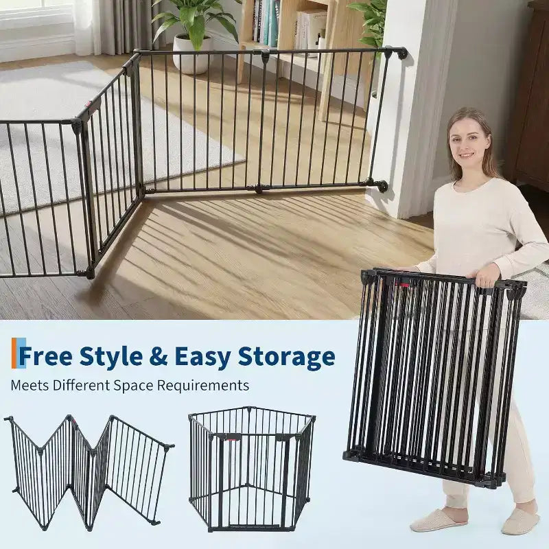 Black/White Adjustable Metal Pet Gate with Door, 3–8 Panels, Freestanding