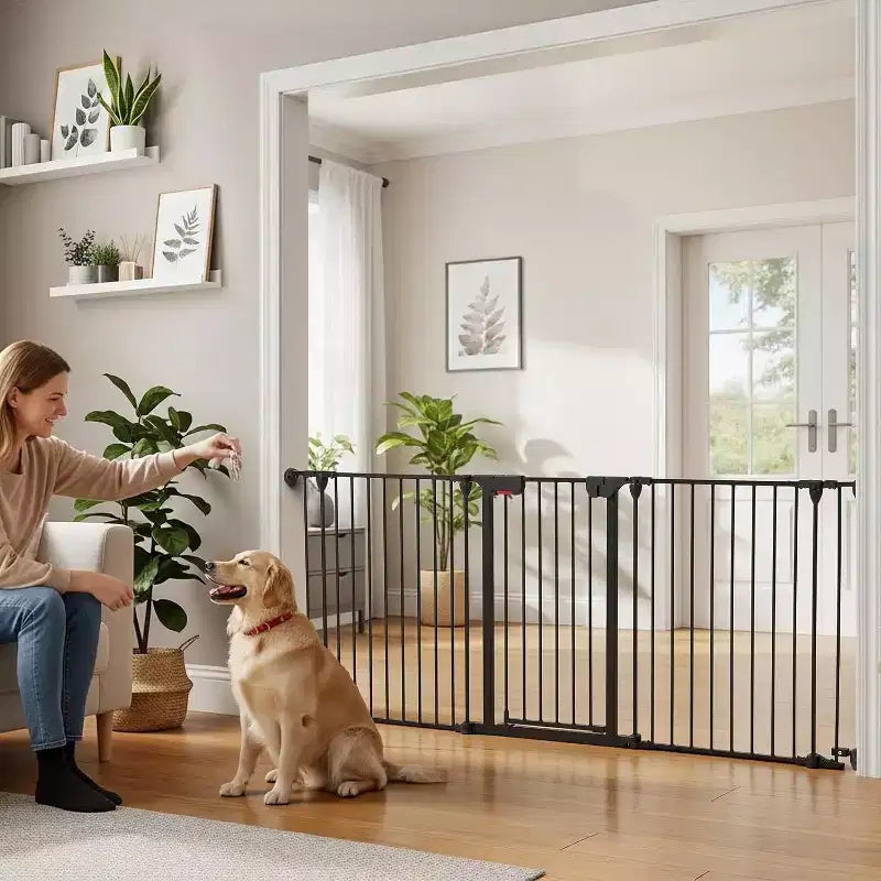 Black/White Adjustable Metal Pet Gate with Door, 3–8 Panels, Freestanding