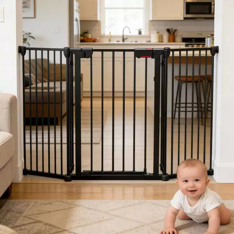 Black/White Adjustable Metal Pet Gate with Door, 3–8 Panels, Freestanding