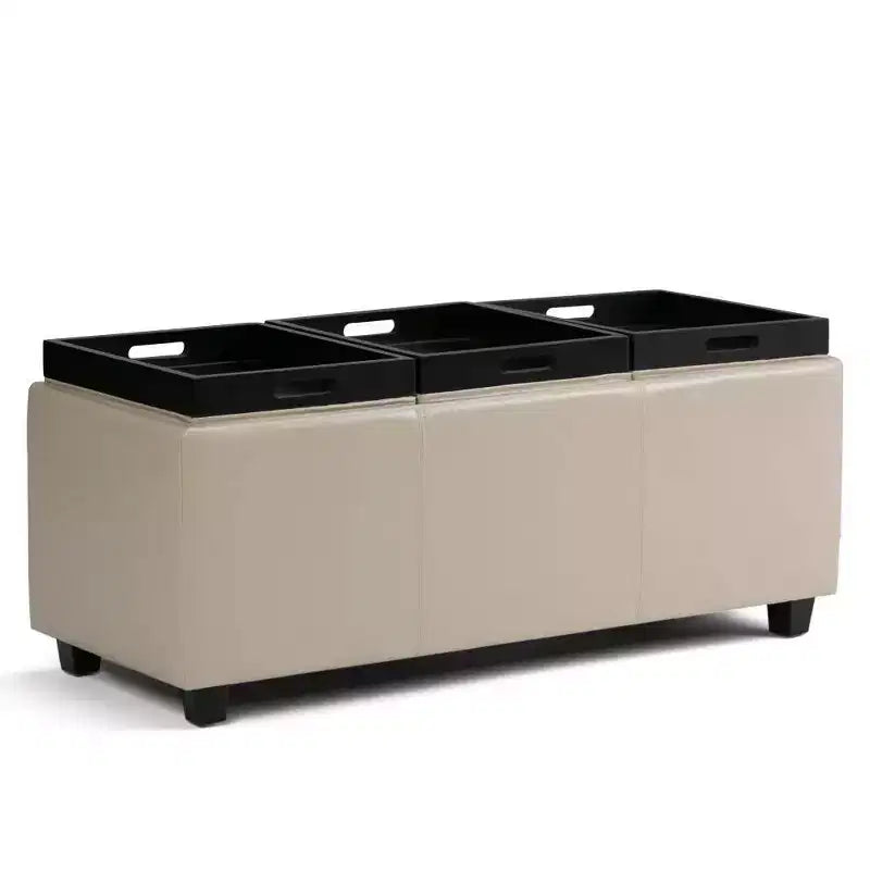 Red Faux Leather Rectangular Storage Ottoman with 3 Flip-Top Trays – Seats 1