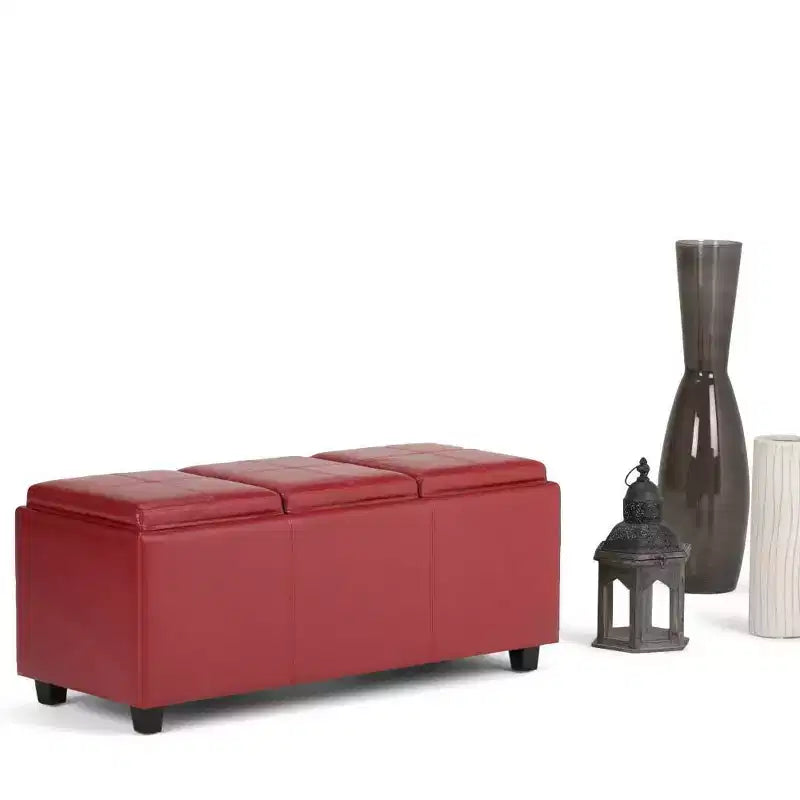 Red Faux Leather Rectangular Storage Ottoman with 3 Flip-Top Trays – Seats 1