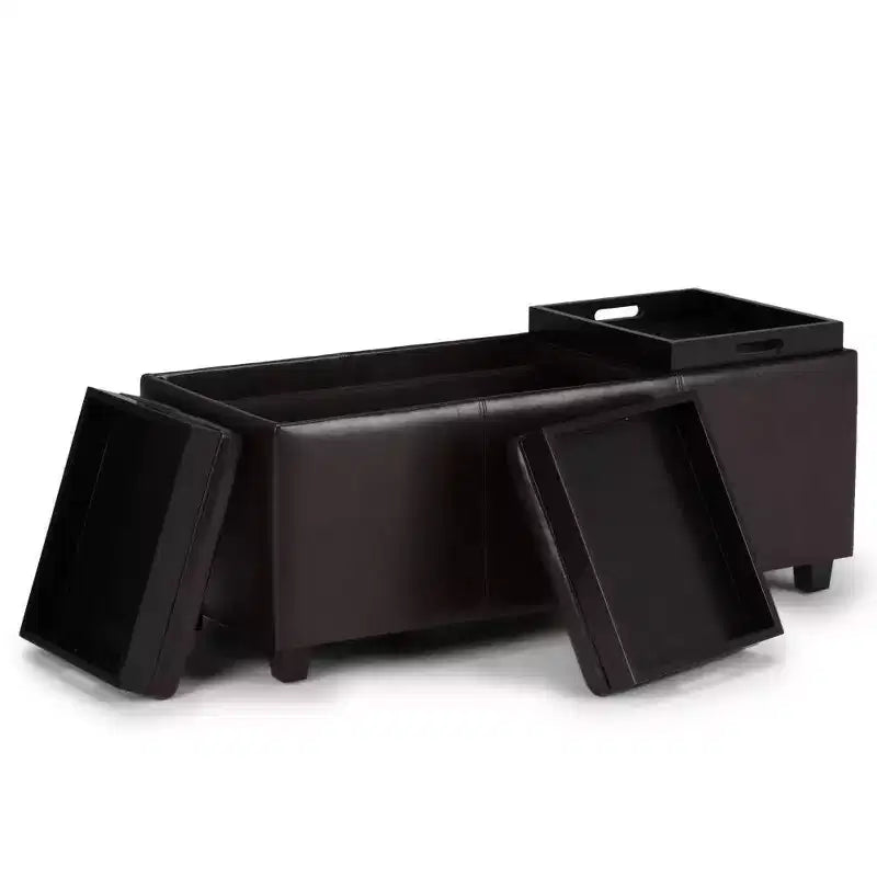 Red Faux Leather Rectangular Storage Ottoman with 3 Flip-Top Trays – Seats 1