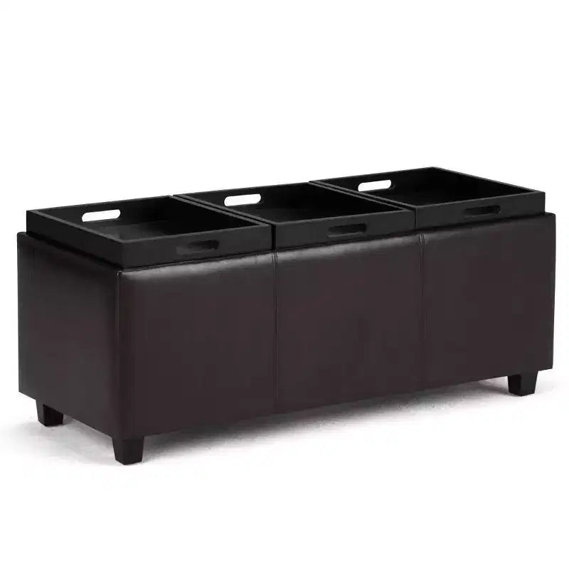 Red Faux Leather Rectangular Storage Ottoman with 3 Flip-Top Trays – Seats 1