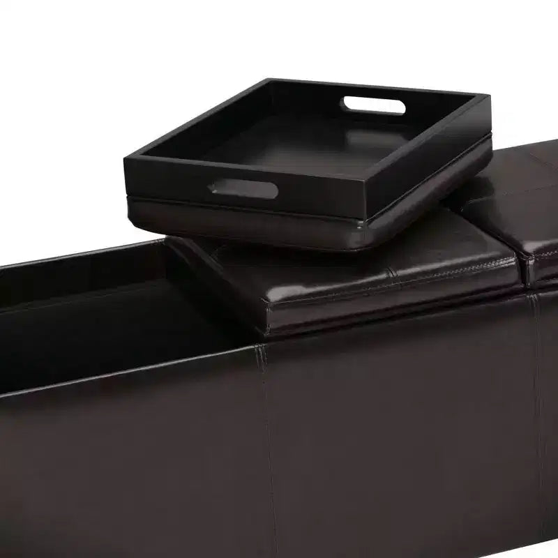 Red Faux Leather Rectangular Storage Ottoman with 3 Flip-Top Trays – Seats 1