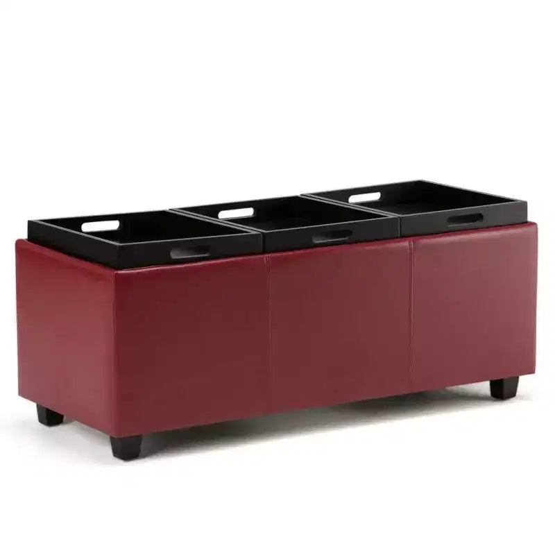 Red Faux Leather Rectangular Storage Ottoman with 3 Flip-Top Trays – Seats 1