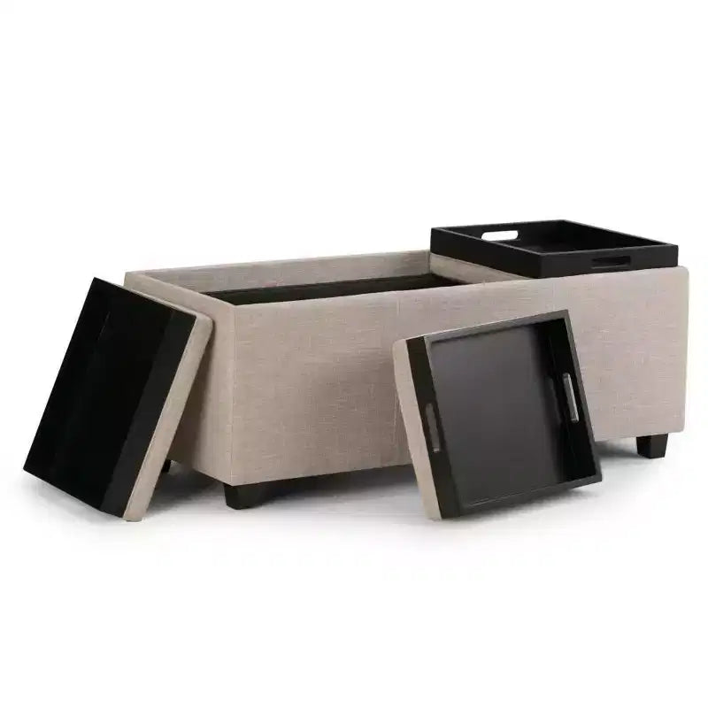 Red Faux Leather Rectangular Storage Ottoman with 3 Flip-Top Trays – Seats 1