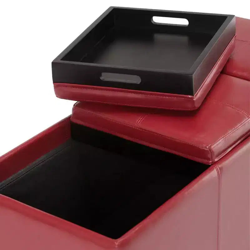 Red Faux Leather Rectangular Storage Ottoman with 3 Flip-Top Trays – Seats 1