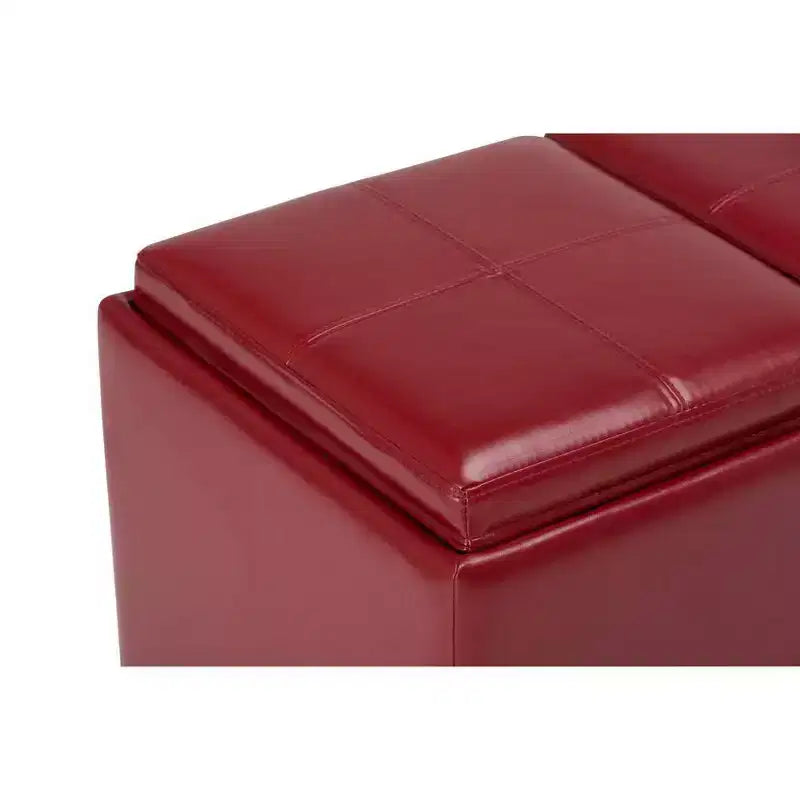 Red Faux Leather Rectangular Storage Ottoman with 3 Flip-Top Trays – Seats 1