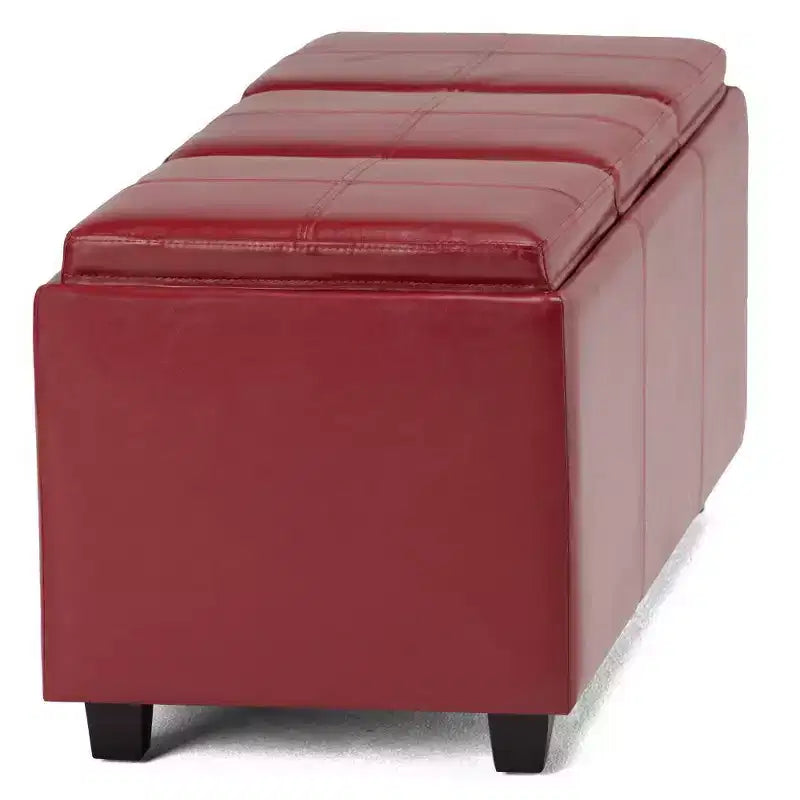 Red Faux Leather Rectangular Storage Ottoman with 3 Flip-Top Trays – Seats 1