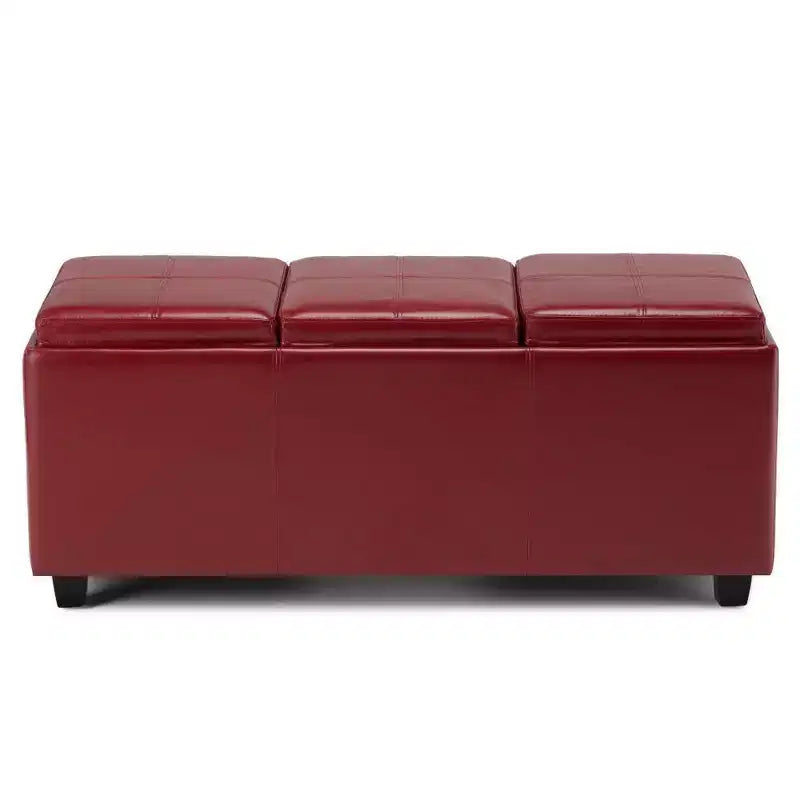 Red Faux Leather Rectangular Storage Ottoman with 3 Flip-Top Trays – Seats 1