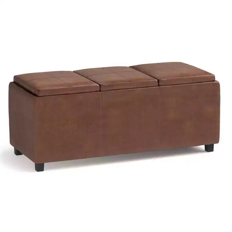 Red Faux Leather Rectangular Storage Ottoman with 3 Flip-Top Trays – Seats 1