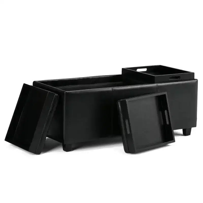 Red Faux Leather Rectangular Storage Ottoman with 3 Flip-Top Trays – Seats 1
