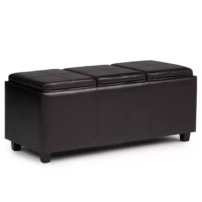 Red Faux Leather Rectangular Storage Ottoman with 3 Flip-Top Trays – Seats 1