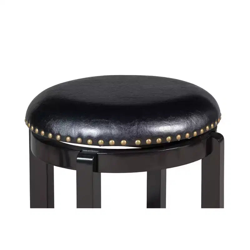 Black Swivel Backless Counter Height Bar Stool, Faux Leather, Nailhead Trim, Seats 1