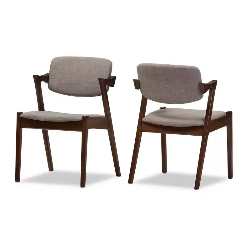 Set of 2 Light Gray & Walnut Brown Mid-Century Dining Armchairs