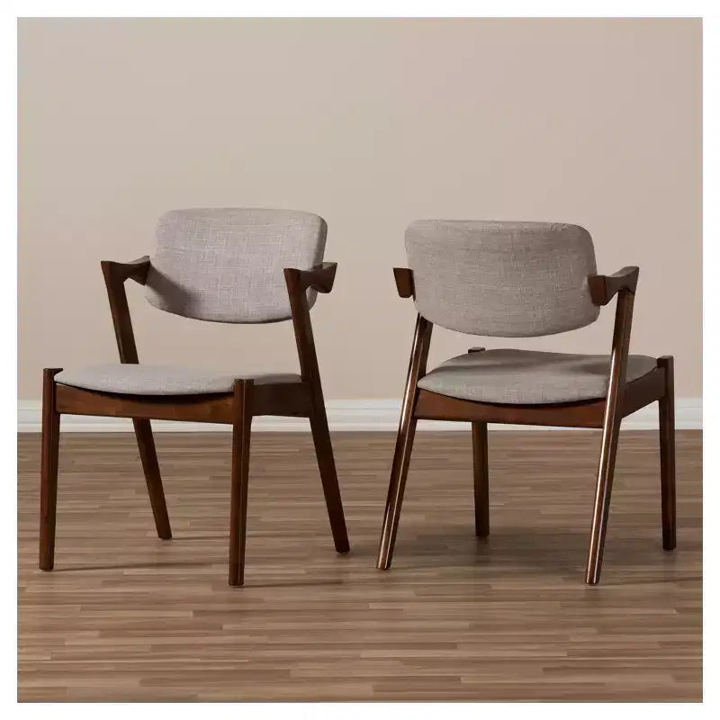 Set of 2 Light Gray & Walnut Brown Mid-Century Dining Armchairs