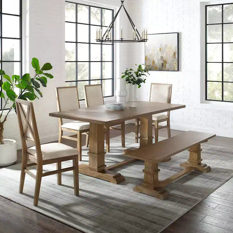 Ensemble repas 4 pièces Joanna avec banc et 4 chaises rembourrées, marron rustique - Crosley