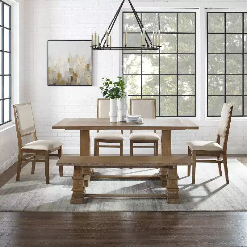 Ensemble repas 4 pièces Joanna avec banc et 4 chaises rembourrées, marron rustique - Crosley