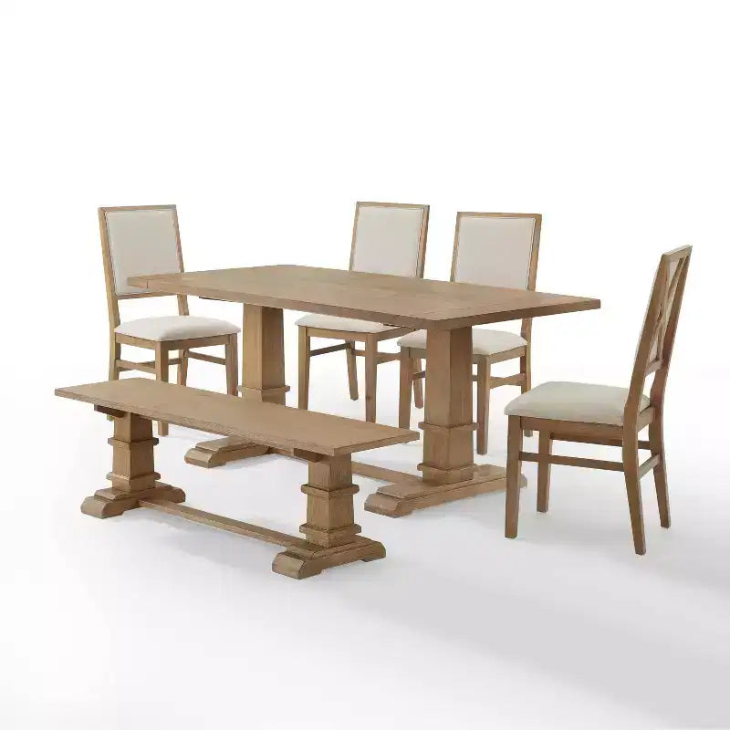 Ensemble repas 4 pièces Joanna avec banc et 4 chaises rembourrées, marron rustique - Crosley