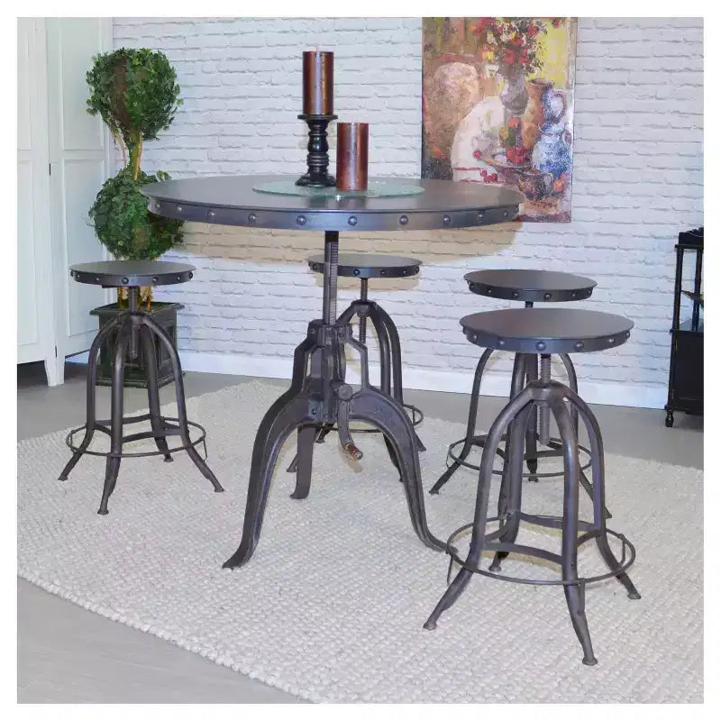 Gray Round Adjustable Crank Dining Table, Seats 4