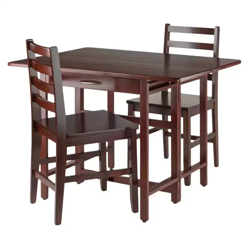 3pc Taylor Drop Leaf Dining Set with Ladder Back Chairs Walnut - Winsome: Solid Wood, Extendable, Drawer Storage