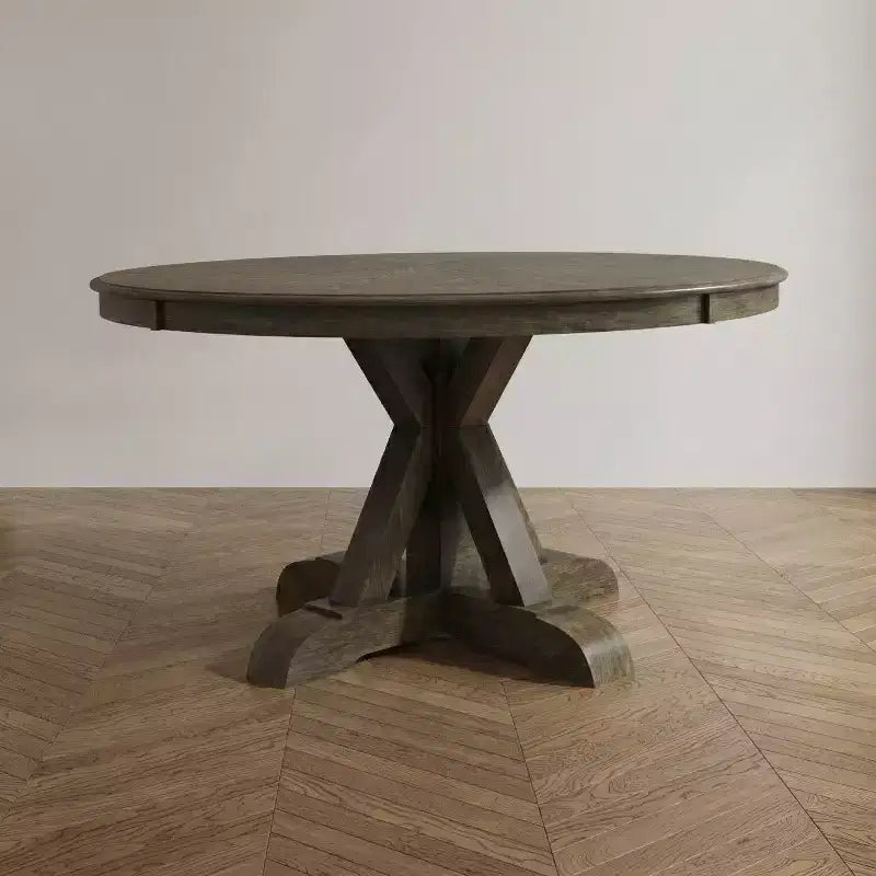 Round Rustic Brown Dining Table, Seats 4, Pedestal Base