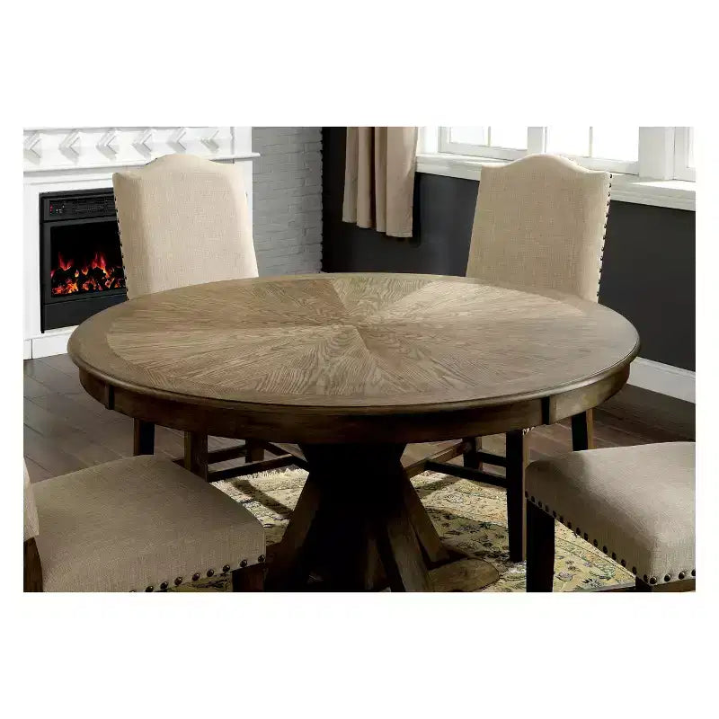Round Rustic Brown Dining Table, Seats 4, Pedestal Base