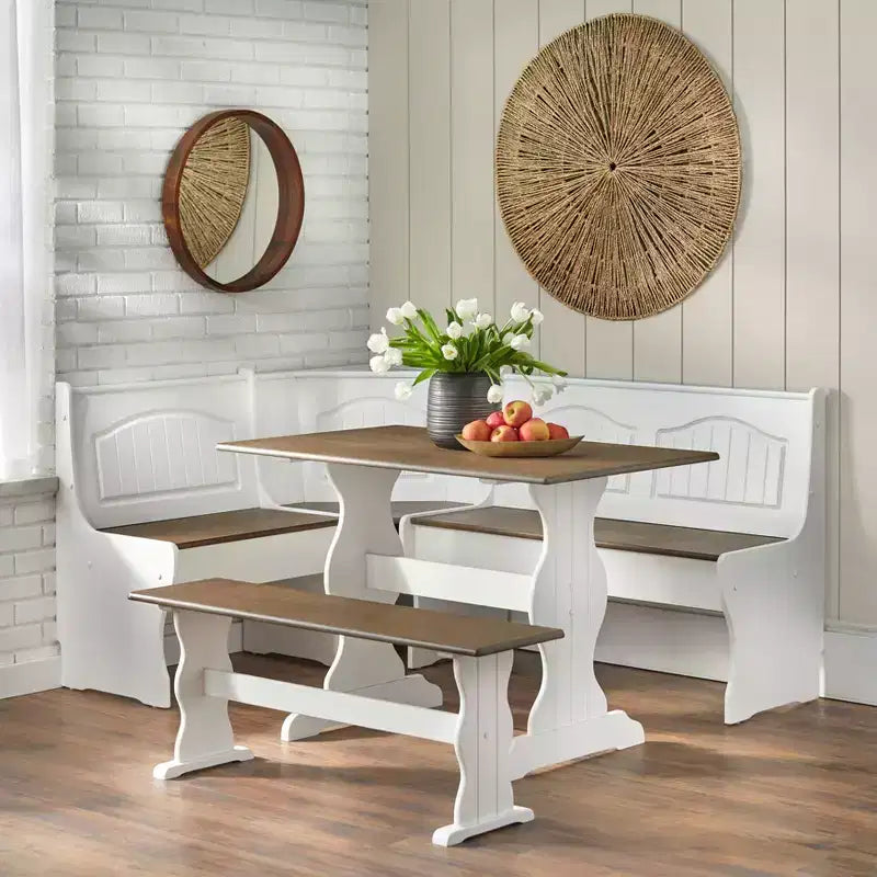 Buylateral Lot de 3 ensemble de salle à manger d'angle pour petit-déjeuner en bois massif Washington Farmhouse blanc/noyer foncé : en forme de L, pin massif, banc de rangement