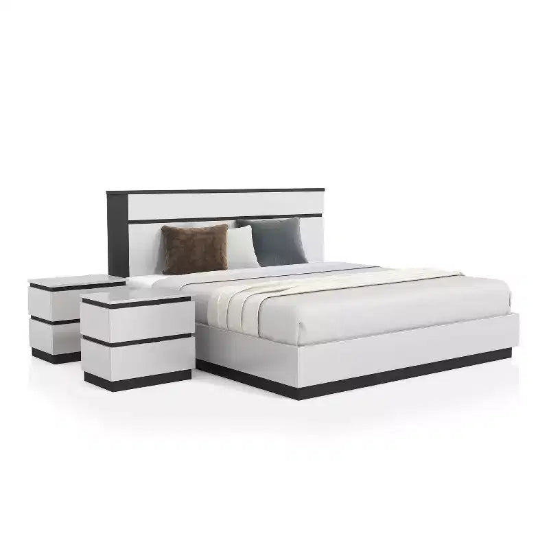 3pc Queen Pape Modern Bed with 2 Nightstands White/Metallic Gray - miBasics: Contemporary Furniture Set