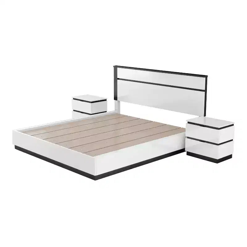 Lit Queen moderne 3 pièces Pape avec 2 tables de chevet Blanc/Gris métallisé - miBasics : Ensemble de meubles contemporains