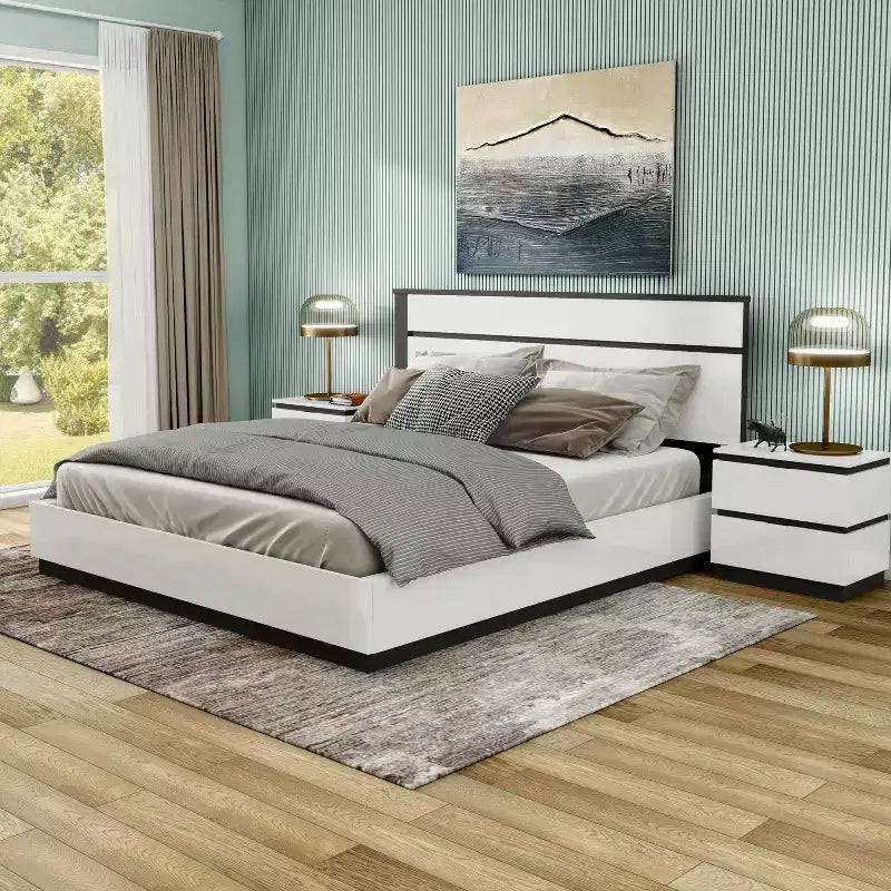 Lit Queen moderne 3 pièces Pape avec 2 tables de chevet Blanc/Gris métallisé - miBasics : Ensemble de meubles contemporains