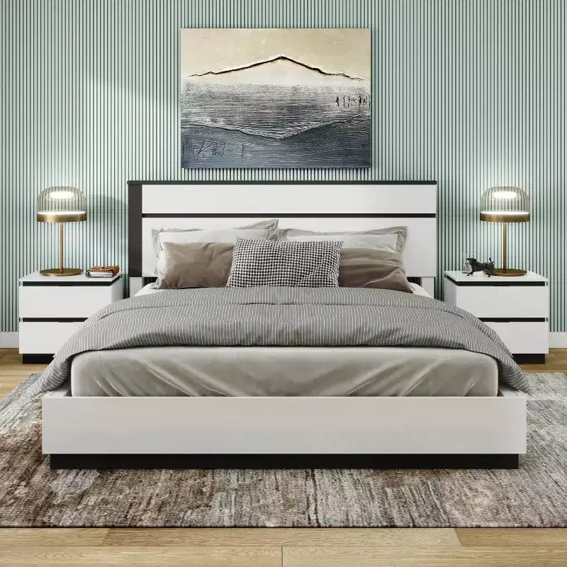 Lit Queen moderne 3 pièces Pape avec 2 tables de chevet Blanc/Gris métallisé - miBasics : Ensemble de meubles contemporains